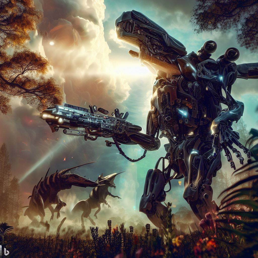 future mech dinosaur with guns fighting in tall forest, wildlife in foreground, surreal clouds, bloom, lens flare, glass body, h.r. giger style 1.jpg